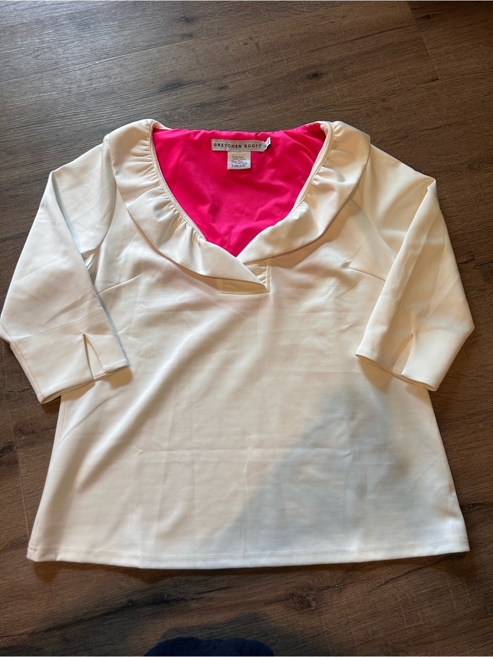 Gretchen Scott Designs Blouse Womens XL White Ruffle Neck 3/4 Sleeve